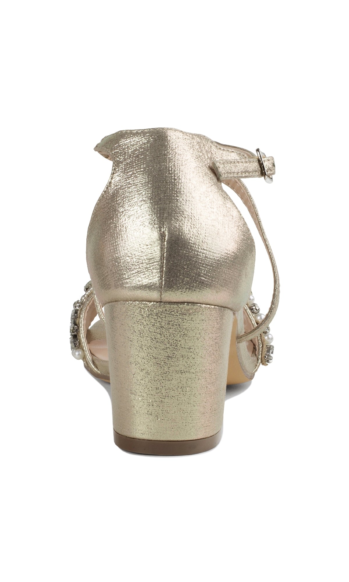 Rear view of the Evangeline Champagne Prom Shoes by Paradox London (P2202)—a gold, closed-back, low-heeled sandal with ankle strap and rhinestone detailing, ideal as elegant formal shoes or sparkling prom footwear.